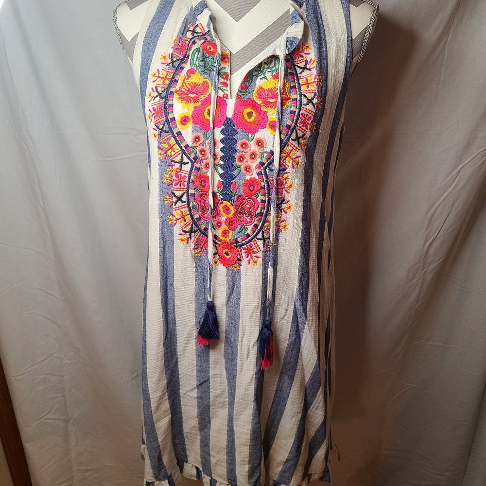 Altar'd State Embroidered Striped Cotton Dress Floral with Tassels size Medium